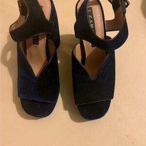 Zara Navy Velvet Block Heel Sandals with Ankle Strap